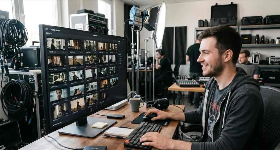 A smiling video creator sitting at a desk and using a large computer monitor to organize and sequence a grid of video clips. Represents Vivified's movie assembly and sequencing tools.