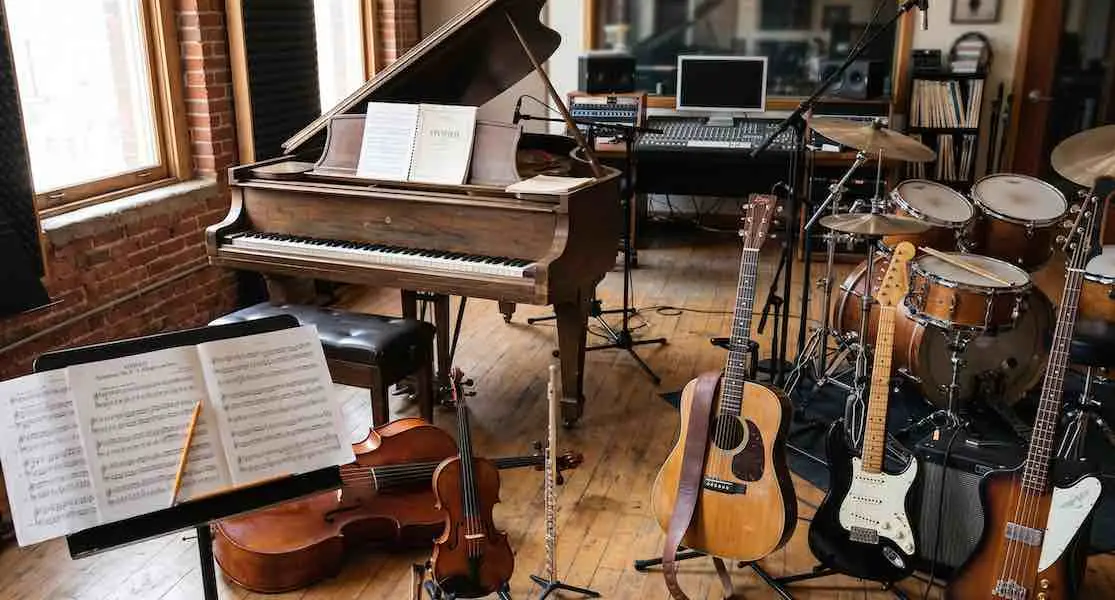 A professional recording studio filled with instruments including a grand piano, guitars, cellos, and a drum kit, representing Vivified's free cinematic soundtrack library.