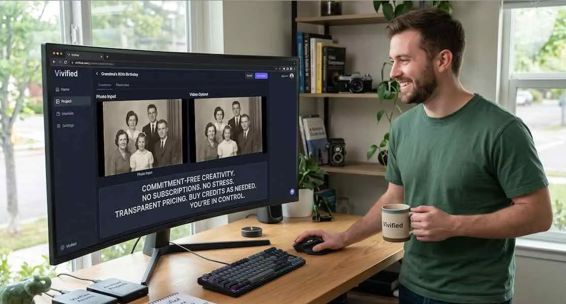 A happy creator at a home desk using the Vivified dashboard to animate a vintage family photo. The screen displays 'No Subscriptions, No Stress' to highlight pay-as-you-go AI video pricing.