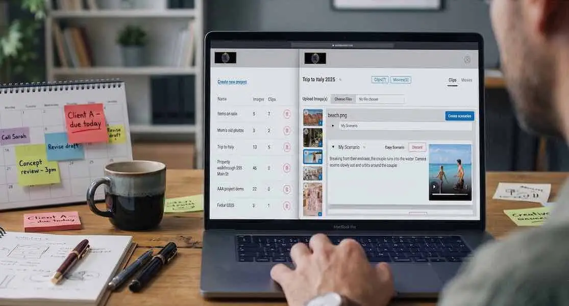 A freelancer working on a laptop using the Vivified project management dashboard to organize multiple AI video projects like 'Trip to Italy' and 'Client A' brand assets.