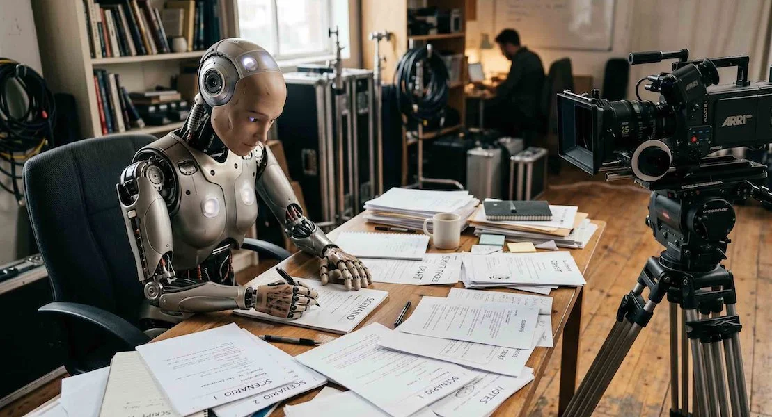 A humanoid AI robot sitting at a desk and writing a film scenario in a production studio. Represents Vivified's AI scenario generation tool for cinematic videos.