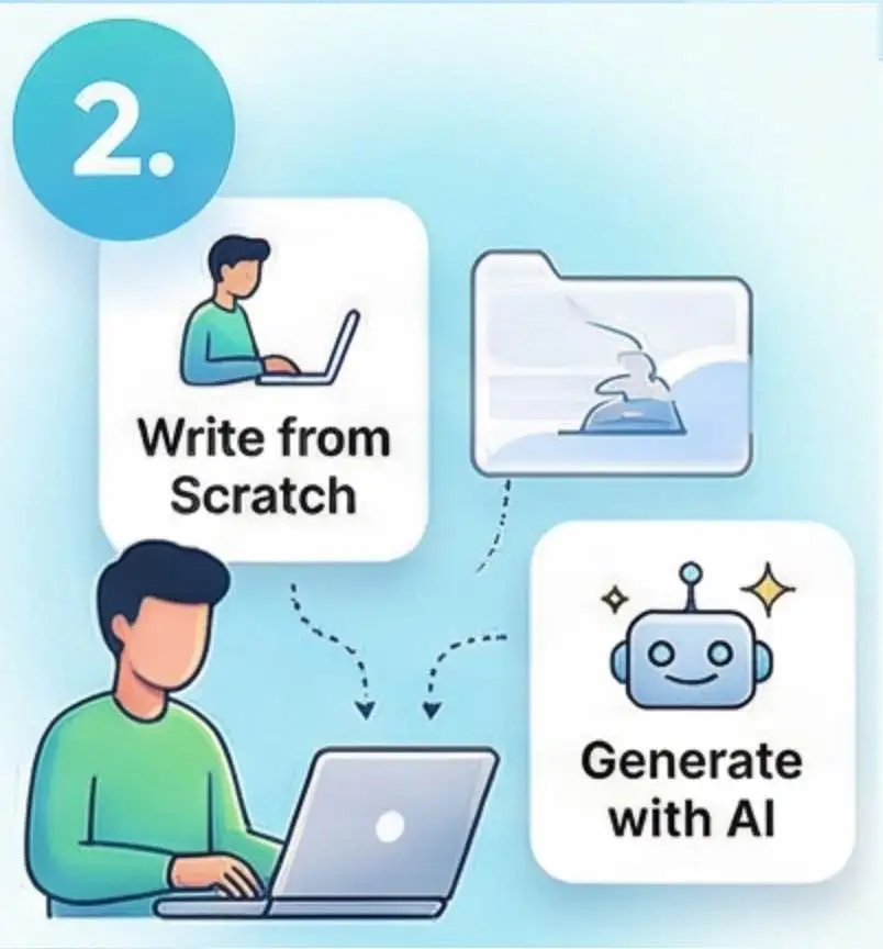 Illustration of Step 2 in the Vivified AI video creation process showing options to write a video scenario from scratch or generate one with AI.s