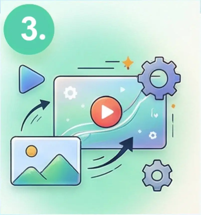 Illustration of Step 3 in the Vivified AI video process: Transforming a static photo into a story-driven cinematic AI video clip using our generation engine.