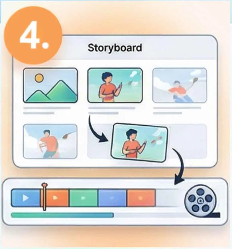 Illustration of Step 4 in the Vivified AI video process: Using a drag-and-drop storyboard interface to arrange and sequence multiple animated AI video clips into a final cohesive movie.